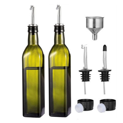 Botella de aceite de cocina verde oscuro de vidrio con embudo de tubo de acero inoxidable Cuadrado 500ml 2pcs