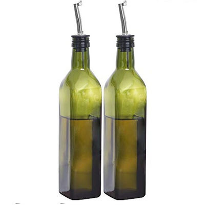 Botella de aceite de cocina verde oscuro de vidrio con embudo de tubo de acero inoxidable Cuadrado 500ml 2pcs