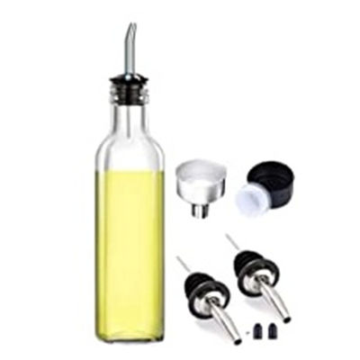 Botella de aceite de cocina verde oscuro de vidrio con embudo de tubo de acero inoxidable Cuadrado 500ml 2pcs