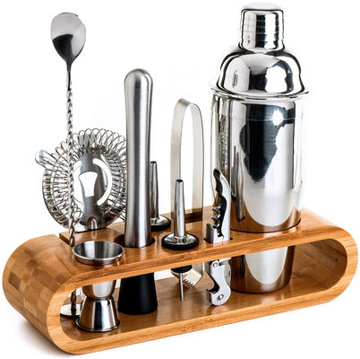 Diseño minimalista 10 en 1 Cocktail Shaker de acero inoxidable con soporte de madera 750ml