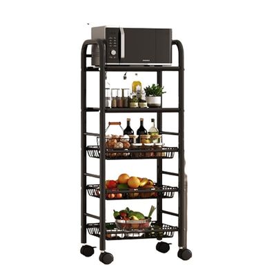 Estante de cocina de acero al carbono giratorio de 5 capas con estructura cuadrada y ruedas