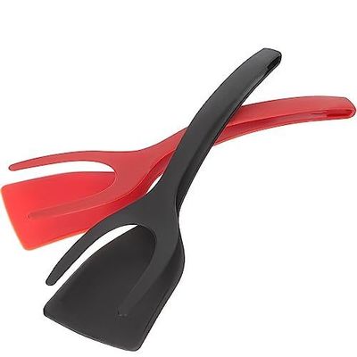 2 en 1 espátula Tong para herramienta de cocina huevo negro aletas Tong panqueques pescado tostadas francesas
