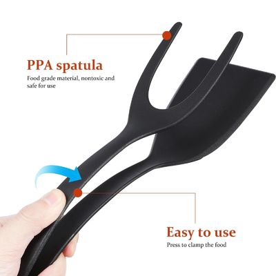 2 en 1 espátula Tong para herramienta de cocina huevo negro aletas Tong panqueques pescado tostadas francesas
