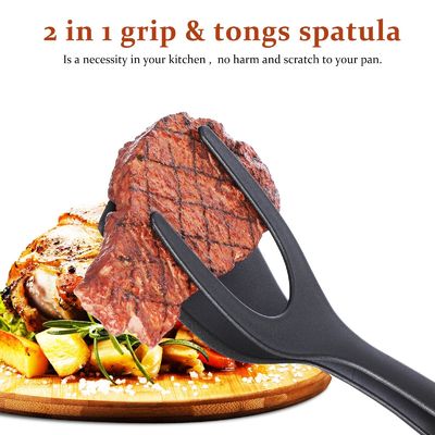 2 en 1 espátula Tong para herramienta de cocina huevo negro aletas Tong panqueques pescado tostadas francesas