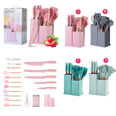 Utiliarios de cocina de silicona Conjunto de 19 Pcs Herramientas de cocina con accesorios de mango de madera