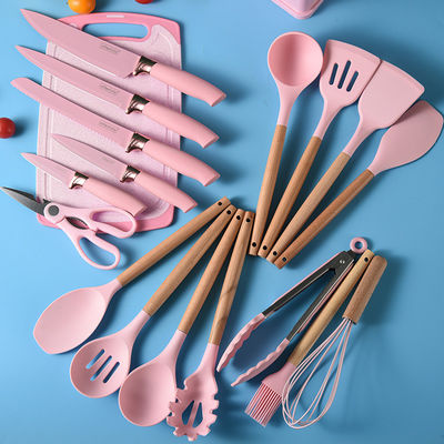 Utiliarios de cocina de silicona Conjunto de 19 Pcs Herramientas de cocina con accesorios de mango de madera