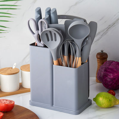 Utiliarios de cocina de silicona Conjunto de 19 Pcs Herramientas de cocina con accesorios de mango de madera