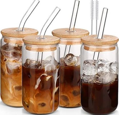 Oportunidad de fiesta Morden Luxury 16 oz Jugo de vidrio claro Mason con tapa de bambú y paja