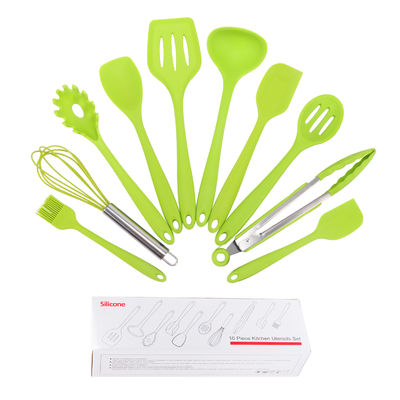 Soporte de silicona verde para cocinar a altas temperaturas en un conjunto de utensilios de cocina no adhesivo de 10 piezas