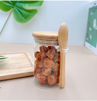 Comida Botellas redondas de vidrio de bambú con tapa y cuchara Caramelos Especias Caffé Frijoles Nueces Galletas