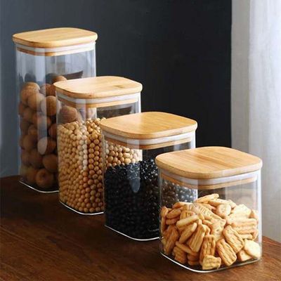Contenedor de almacenamiento de alimentos de diseño moderno con tapa de madera de bambú 300 ml 500 ml Jar de vidrio de especias