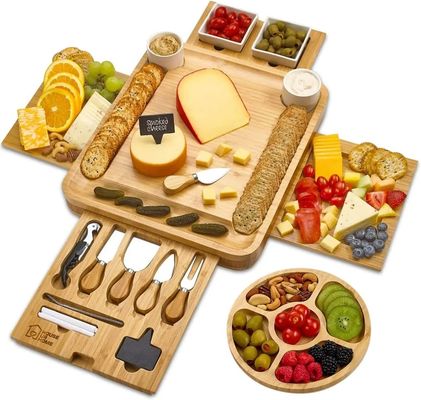 Tabla redonda de queso de bambú y tabla de charcutería con herramientas de pizza con cuchillo