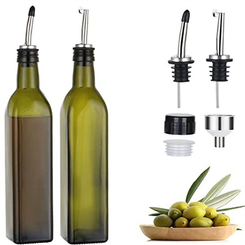 Botella de aceite de cocina verde oscuro de vidrio con embudo de tubo de acero inoxidable Cuadrado 500ml 2pcs