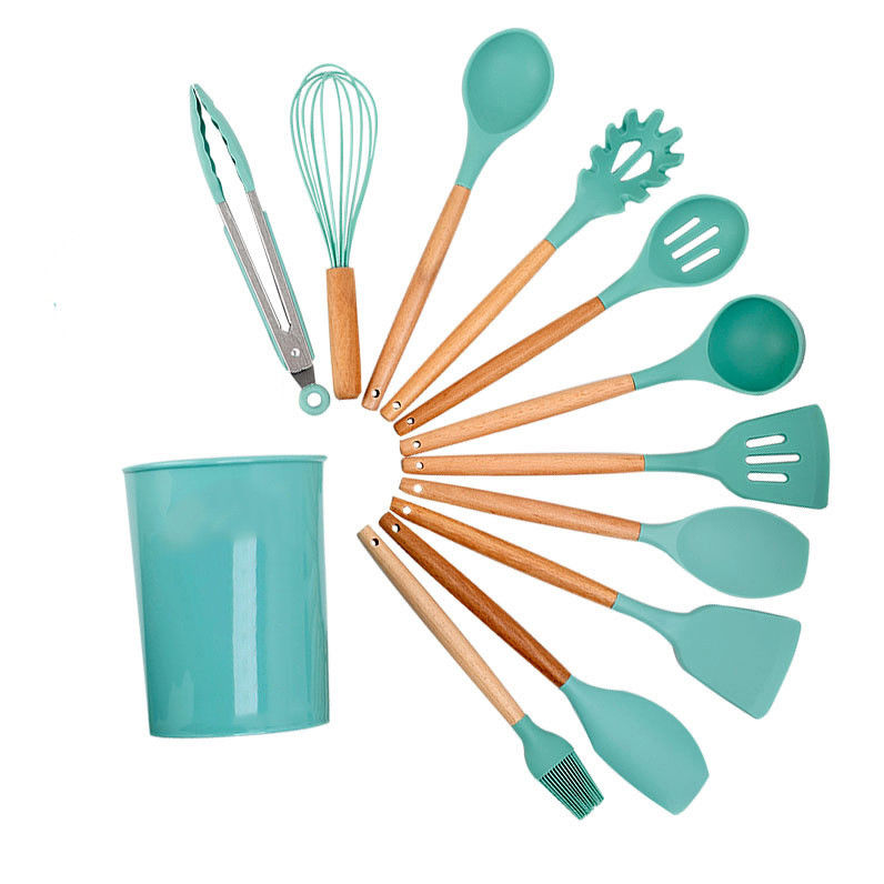 Conjunto de utensilios de silicona verde de 18 piezas con cubo de almacenamiento Espátula antiadherente incluida