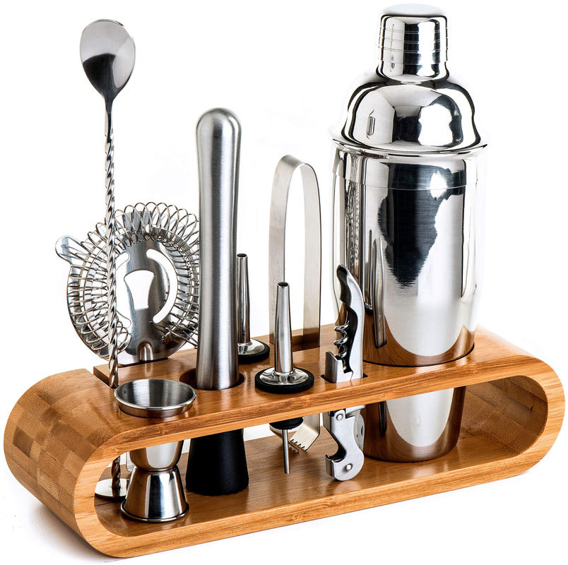 Diseño minimalista 10 en 1 Cocktail Shaker de acero inoxidable con soporte de madera 750ml