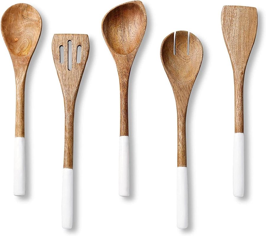 5 piezas de madera de acacia cuenco de cocina cuchara cuchara de espátula tenedor con ranura cuchara de esquina Turner