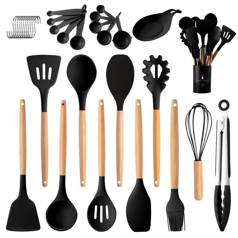 33 piezas de utensilios de cocina sin pegamento con sartenes multicolores y cuchara de espátula china