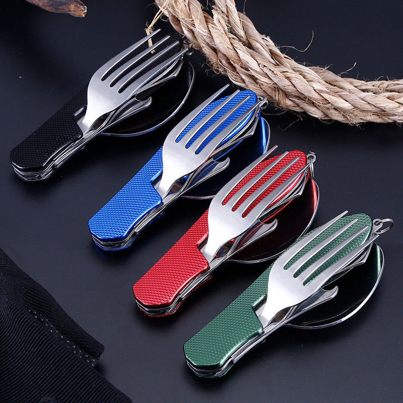 Conjunto de utensilios de campamento plegables Cuchillo con cuchara de acero inoxidable para actividades al aire libre