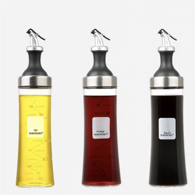 Jarrón de aceite de vidrio de alto borosilicato para el hogar con boca curva y medición de control de aceite