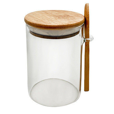 Contenedor de almacenamiento de alimentos de cristal transparente con diseño funcional y tapa redonda de bambú