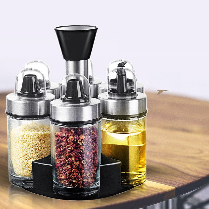 1Dispensador de vinagre de aceite de.5KG Con un soporte giratorio 360 y botellas de acero inoxidable